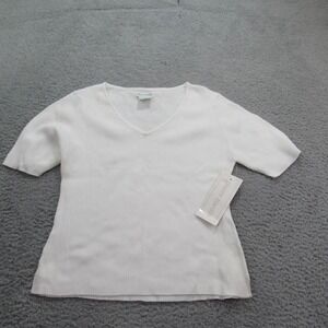 Pierre Cardin White Cotton Ribbed Knit Top V-Neck Short Sleeve Large